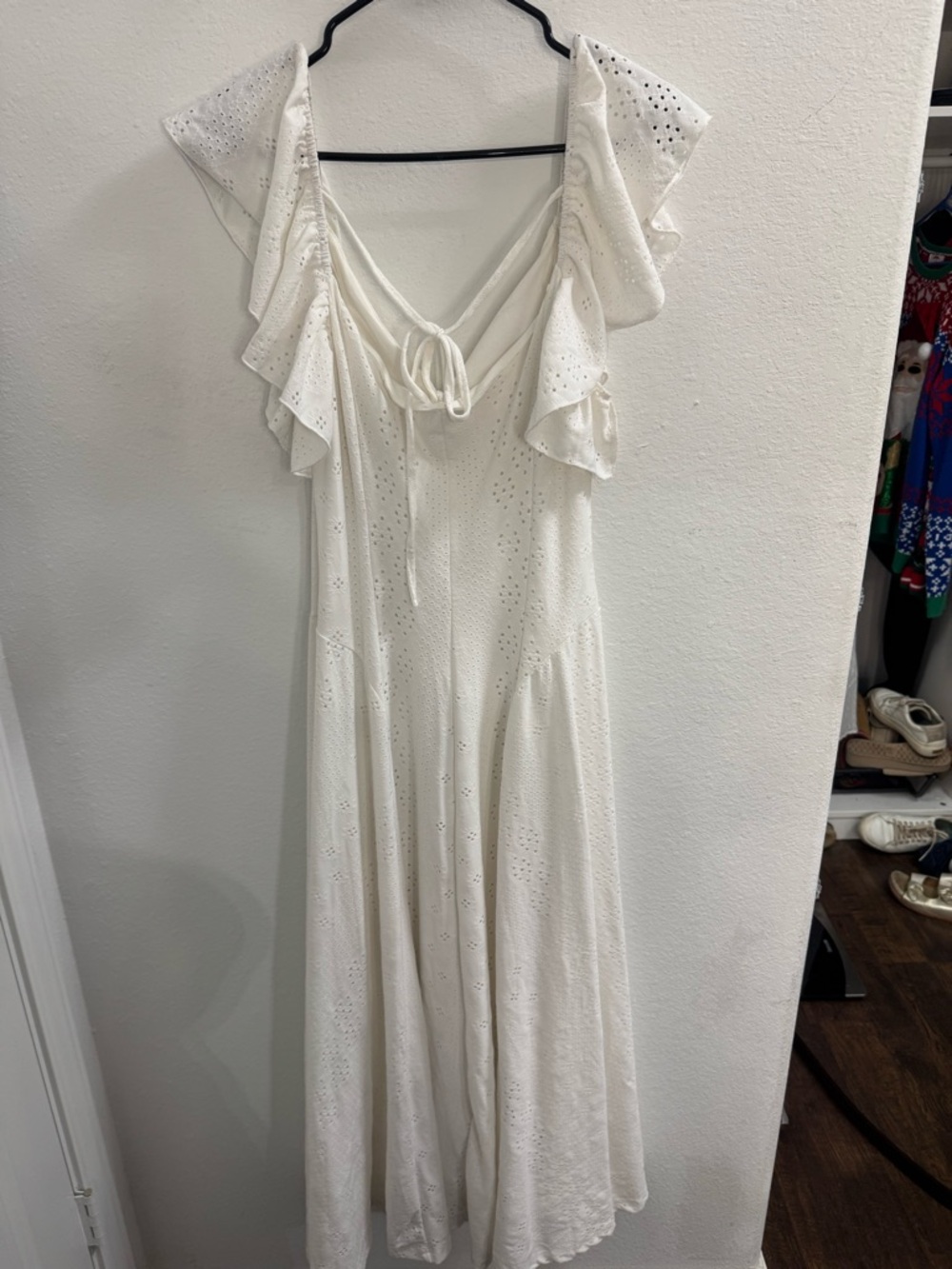 Elegant White Eyelet Ruffle Midi Dress